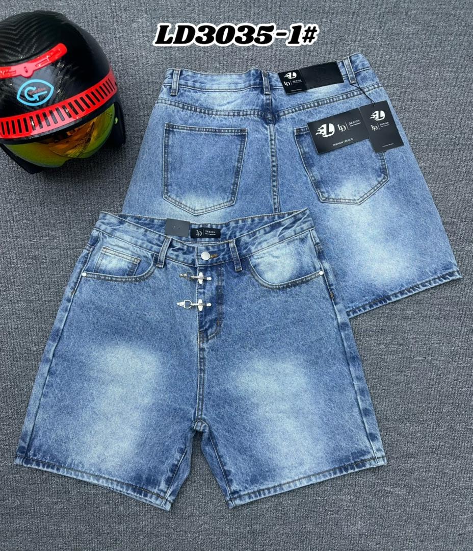 Light blue denim jorts with front buckle details and fade, front and back views with helmet prop.