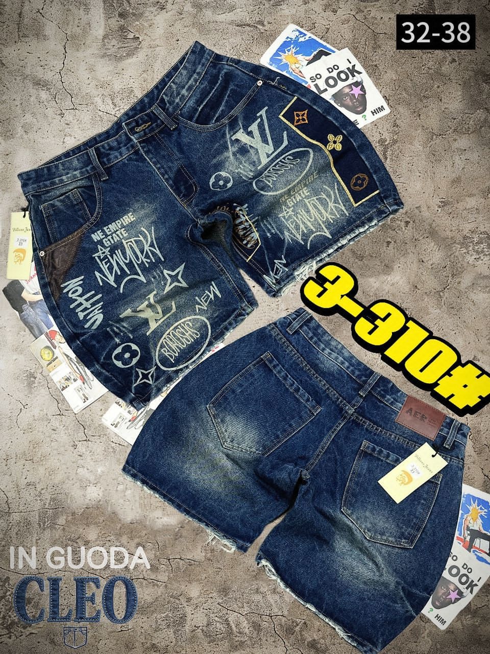 Blue denim jorts covered in white graffiti prints and logos, front and back views with tags.