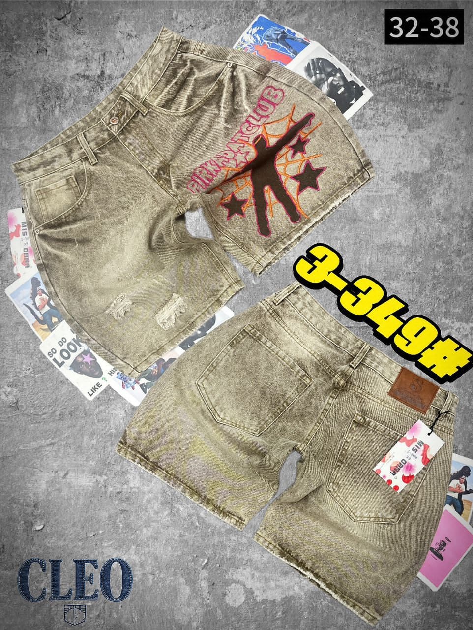Beige denim jorts with Pink Panic Club graphic and stars on back, front and back views on gray surface.