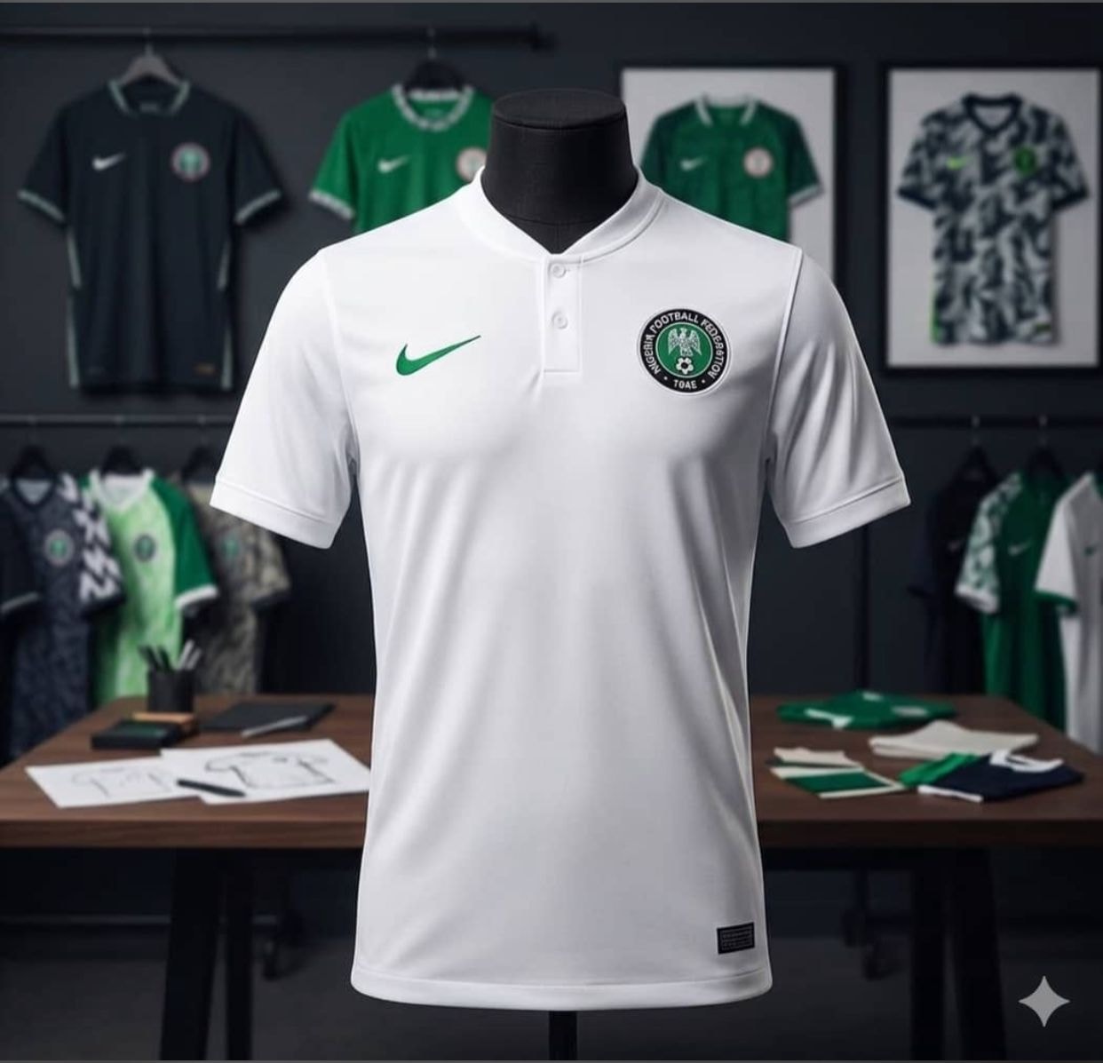 White Nike NFF Nigeria polo jersey on mannequin in studio.