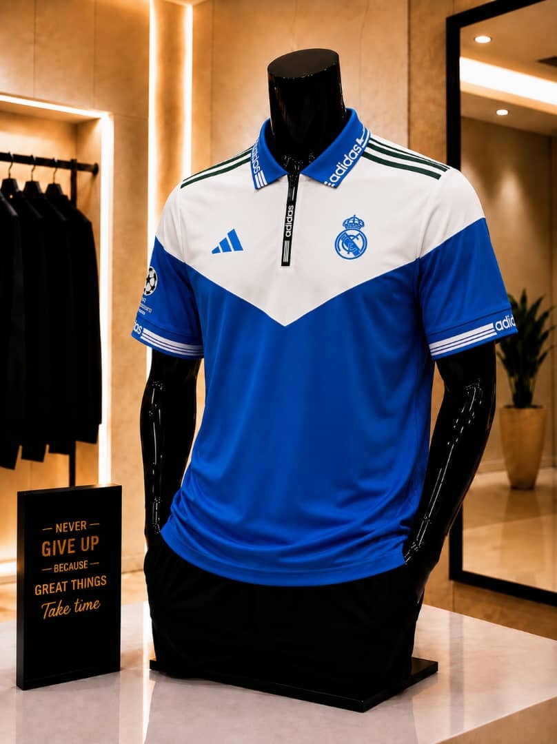Blue and white Adidas Real Madrid polo football jersey on mannequin.