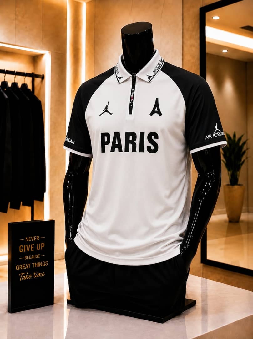 White and black Air Jordan PSG Paris polo football jersey on mannequin.