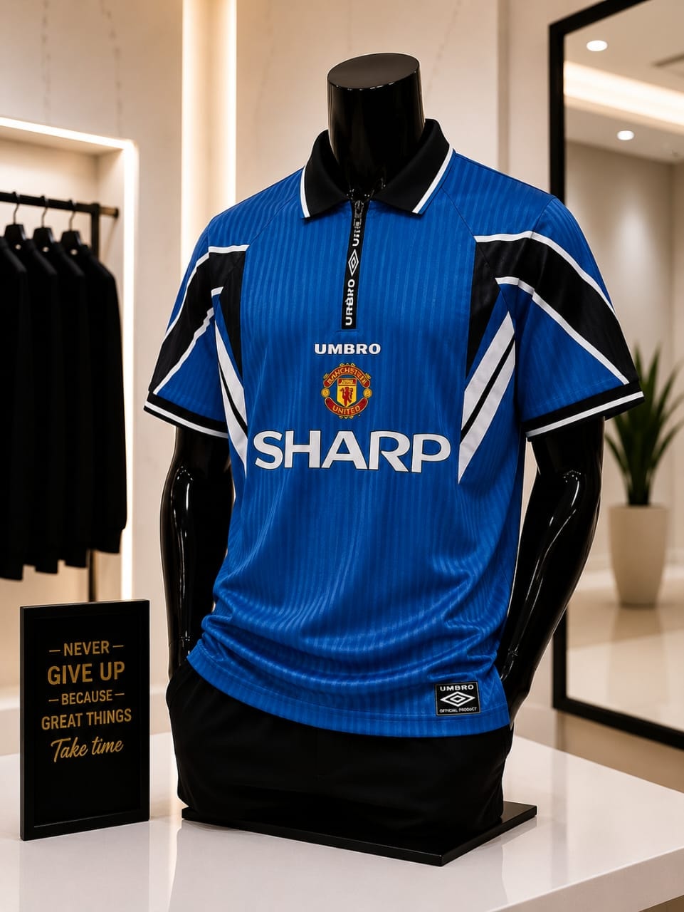 Blue Manchester United Umbro retro football jersey on mannequin with Sharp sponsor.