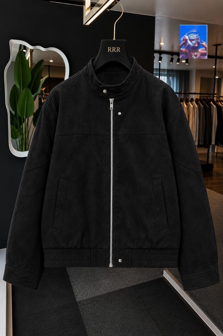 Black suede zip bomber jacket displayed on a hanger in a retail store.