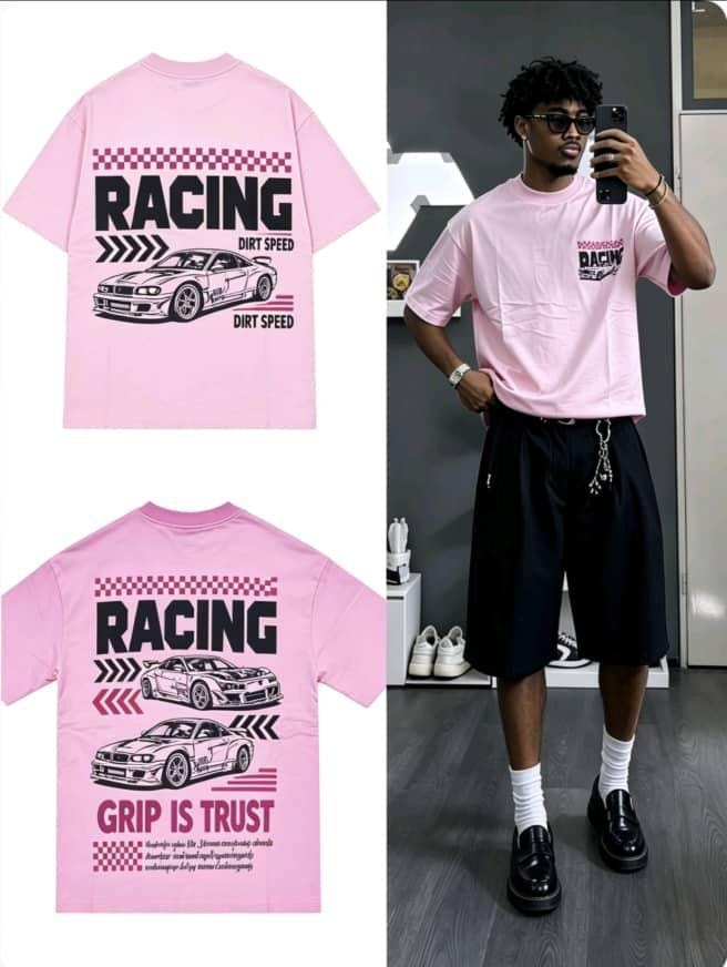 Pink crop t-shirt with racing car graphic on chest and large back print with cars and text.