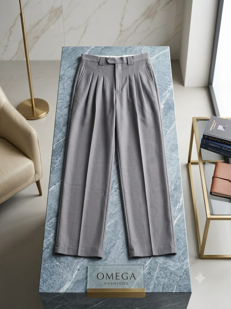 Gray pleated flare trousers displayed on blue marble pedestal with Omega Fashions sign.