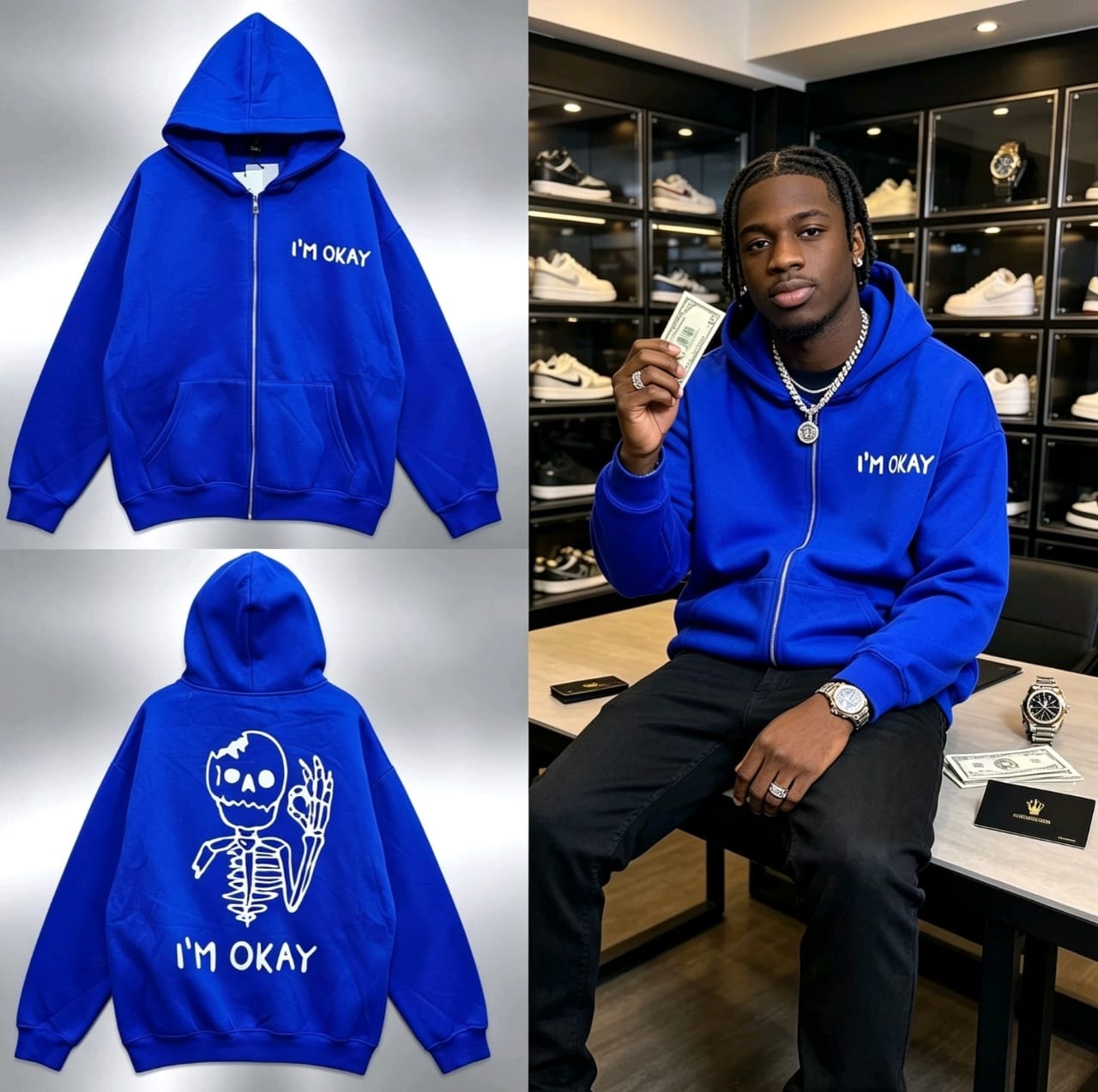 Blue oversized zip-up hoodie with I'm Okay text and skeleton graphic, shown flat and on model.