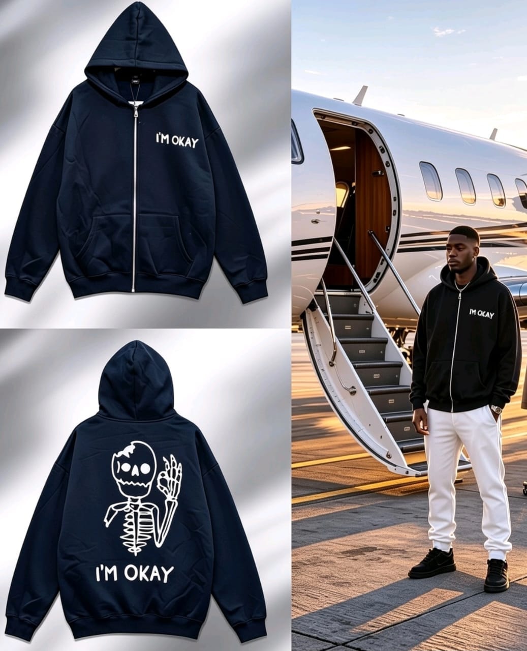 Navy oversized zip-up hoodie with I'm Okay text and skeleton graphic, shown flat and on model.