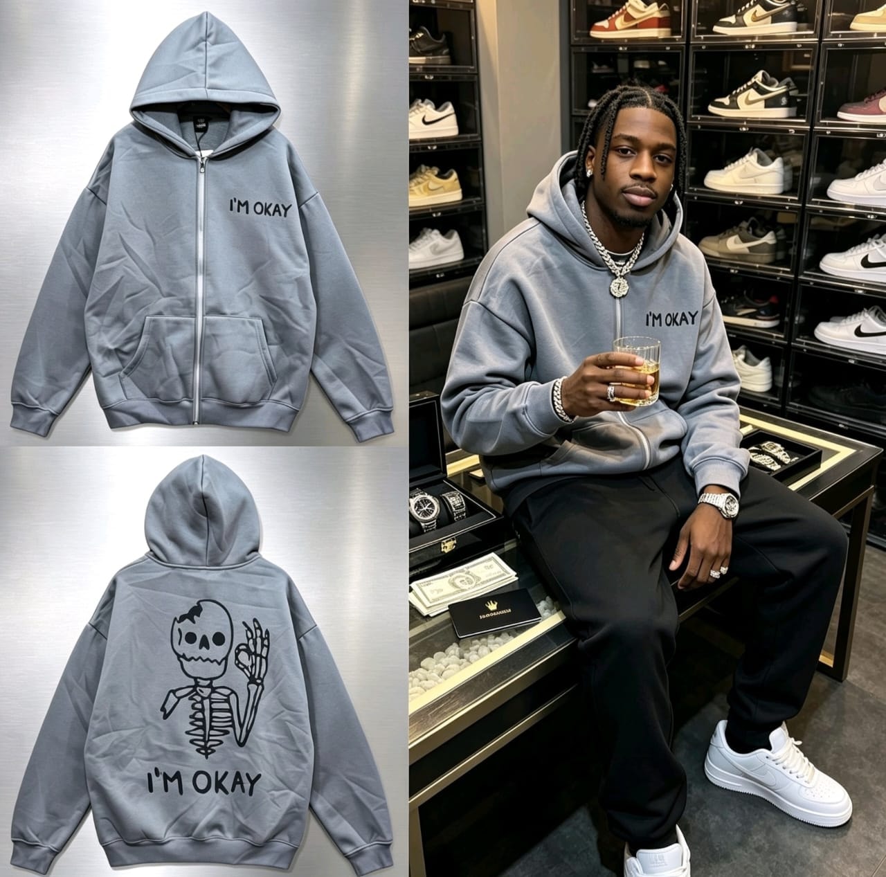 Gray oversized zip-up hoodie with I'm Okay text and skeleton graphic, shown flat and on model.
