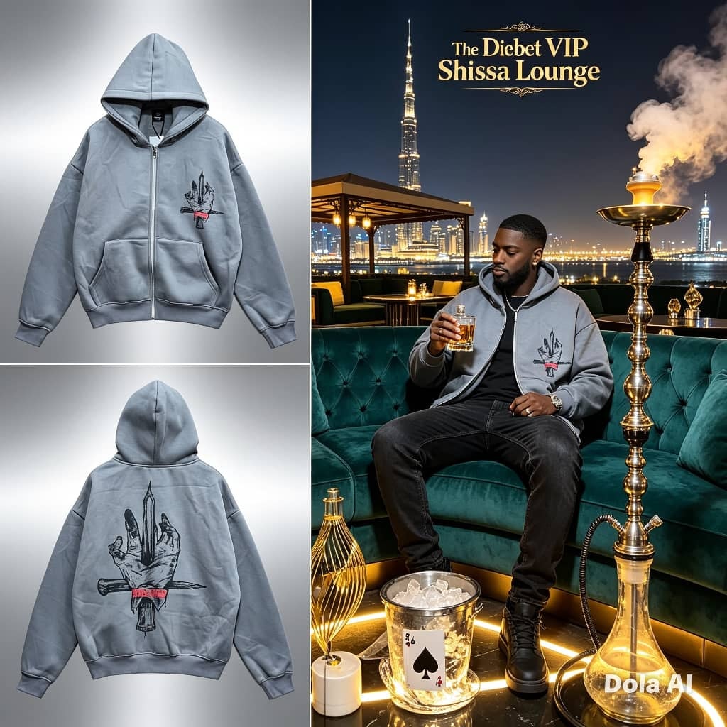 Gray zip-up hoodie with hand dagger graphic on chest and back, shown flat lay and on model.