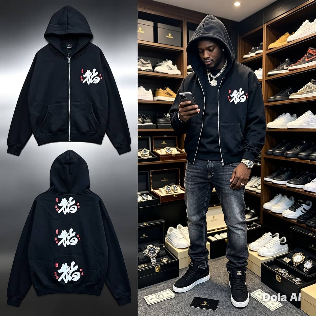 Black zip-up hoodie with kanji print on chest and back, shown flat lay and on model in store.