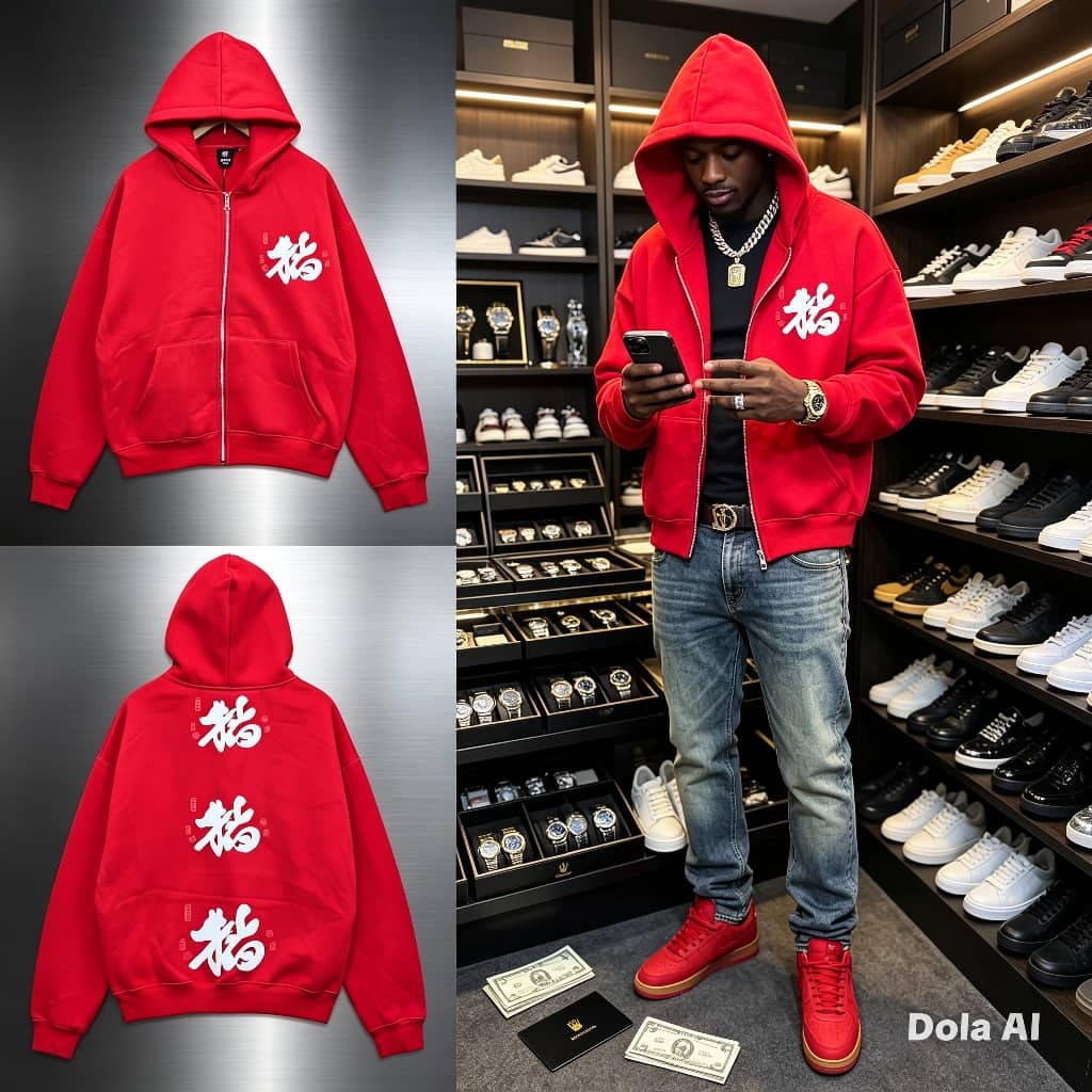 Red zip-up hoodie with kanji print on chest and back, shown flat lay and on model in store.
