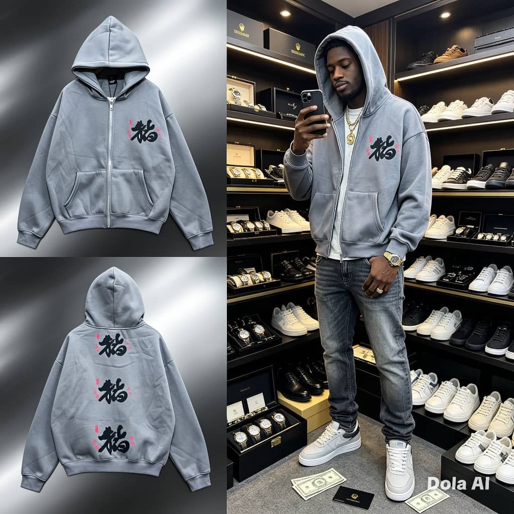 Gray zip-up hoodie with kanji print on chest and back, shown flat lay and on model in store.