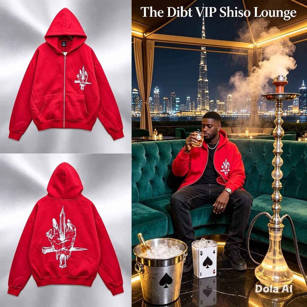 Red zip-up hoodie with hand dagger graphic on chest and back, shown flat lay and on model.