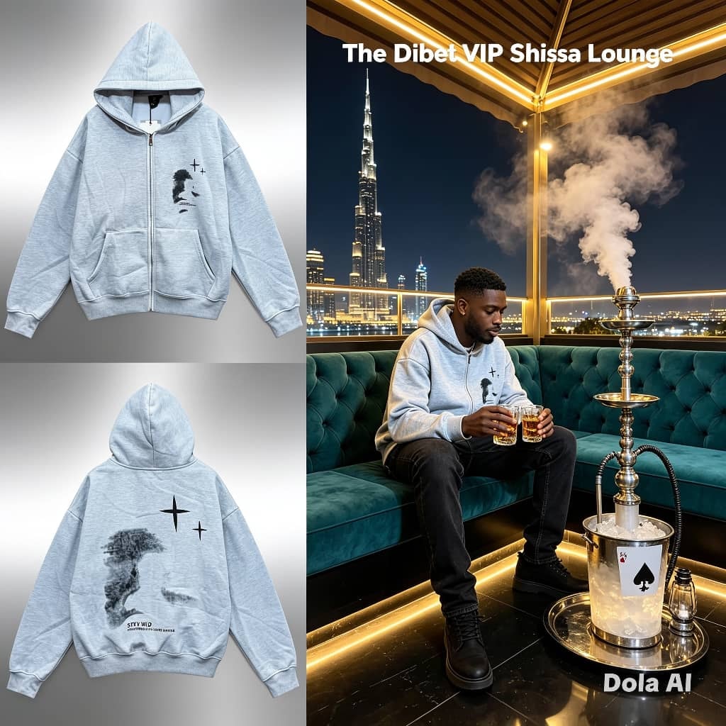 Light blue zip-up hoodie with face graphic on chest and back view with stars, shown flat lay and on model.