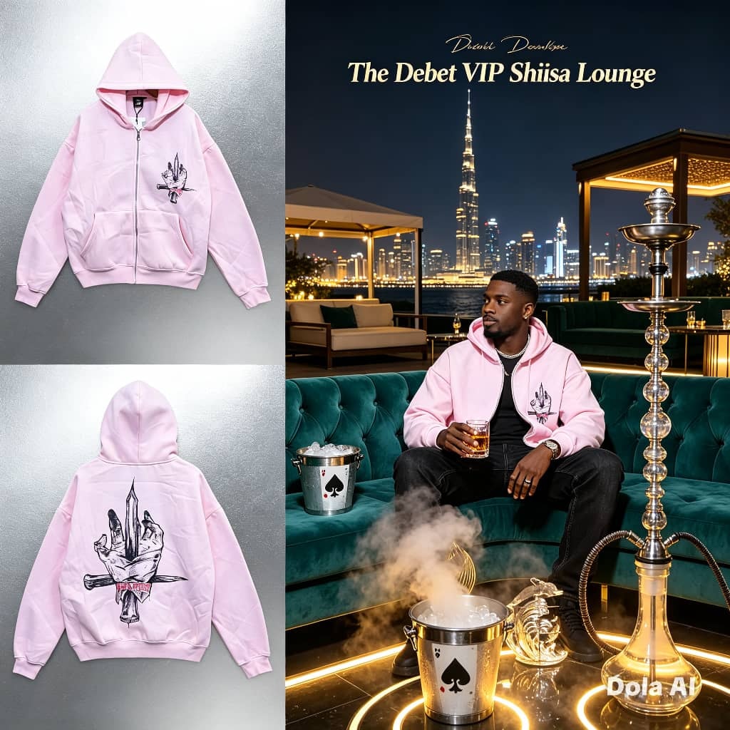 Pink zip-up hoodie with hand dagger graphic on chest and back, shown flat lay and on model.