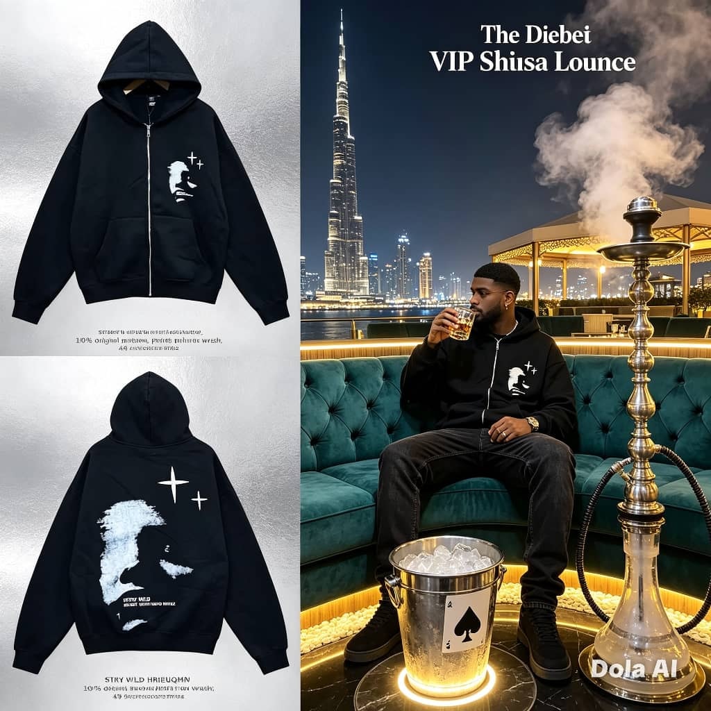 Black zip-up hoodie with face graphic on chest and back view with stars, shown flat lay and on model.