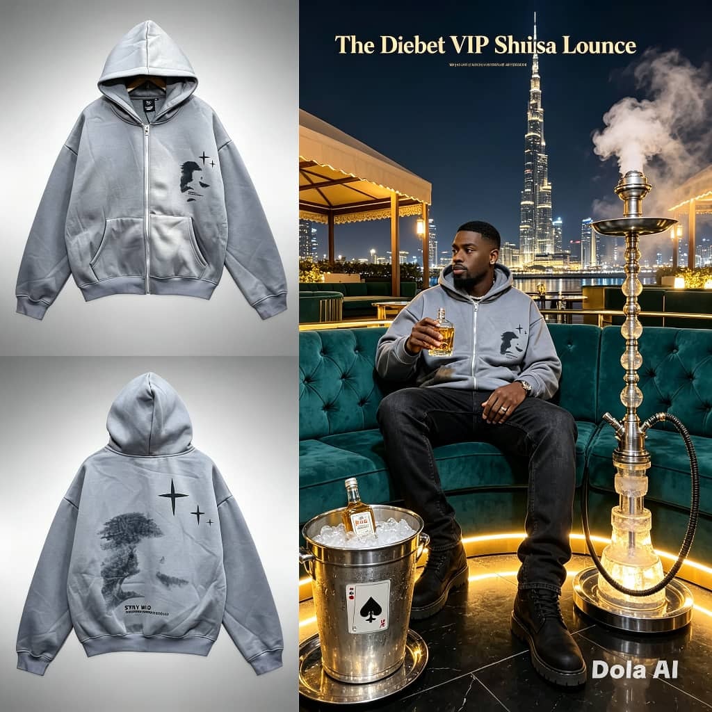 Gray zip-up hoodie with face graphic on chest and back view with stars, shown flat lay and on model.