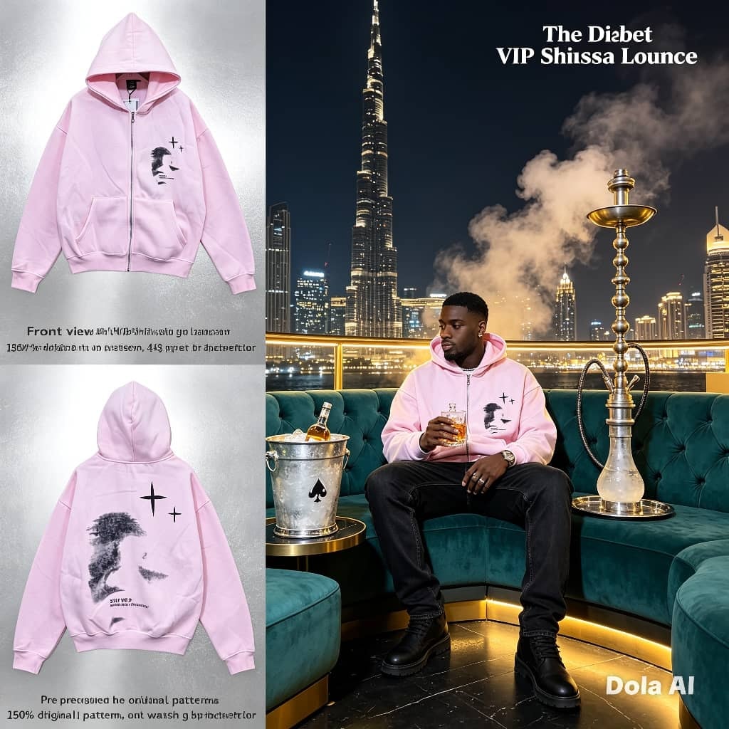 Pink zip-up hoodie with face graphic on chest and back view with stars, shown flat lay and on model.