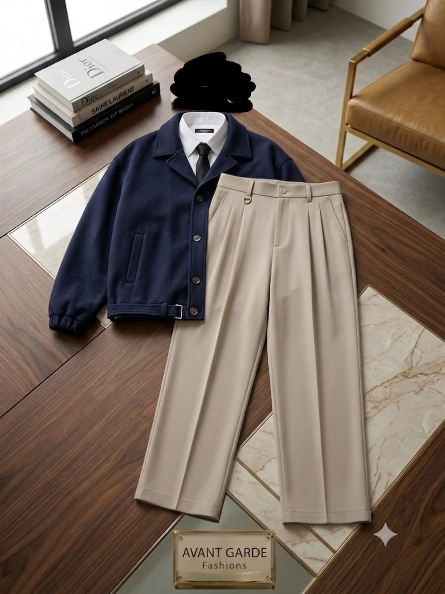 Navy jacket with beige trousers, white shirt and black tie on wooden table.