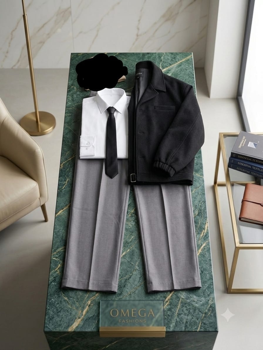Black jacket with grey trousers, white shirt and black tie on green marble surface.