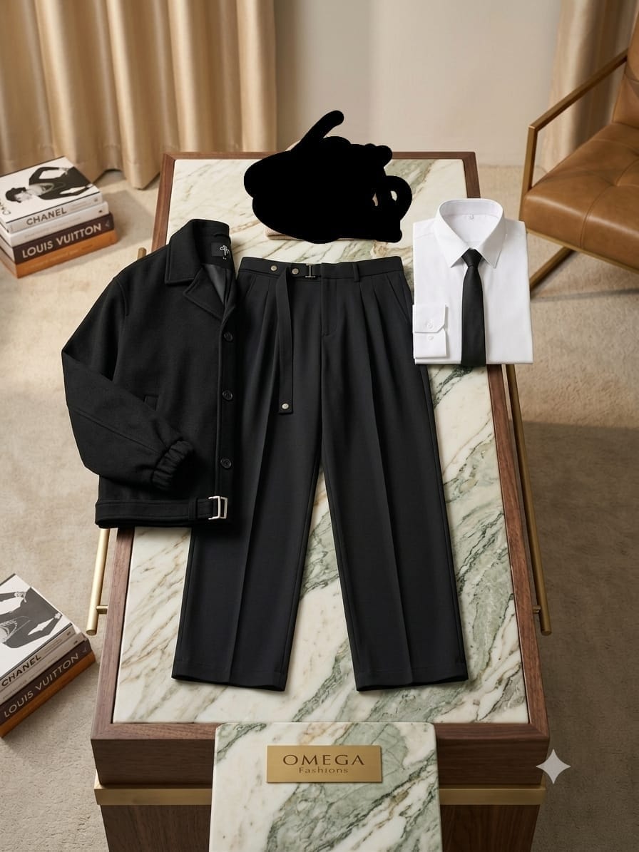 All-black jacket, white shirt, black tie and black flare trousers displayed on marble table.