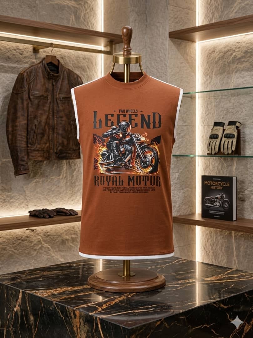 Brown sleeveless t-shirt with motorcycle and flames graphic on mannequin in showroom.