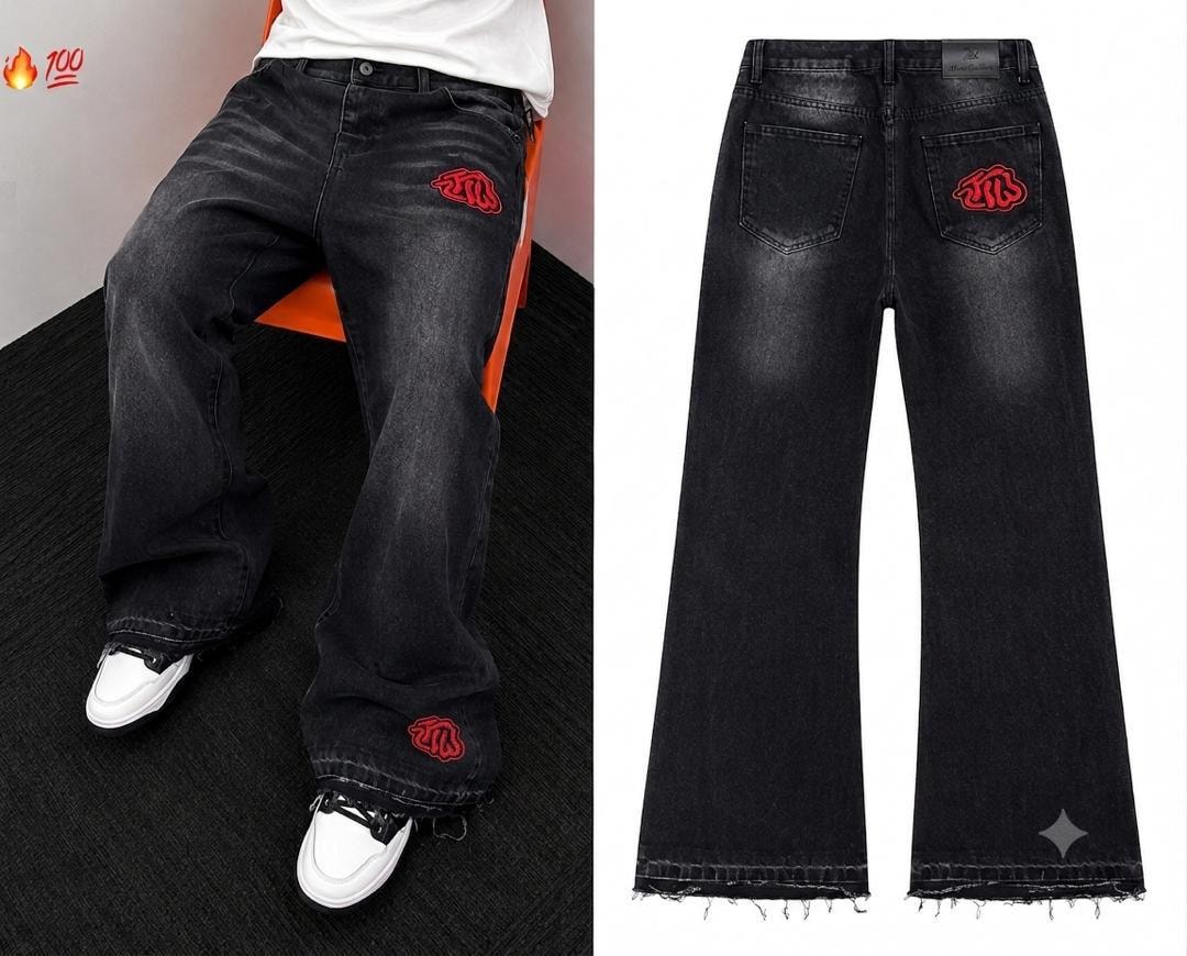 Black baggy jeans with red embroidery on pockets and legs, model and flat back views.