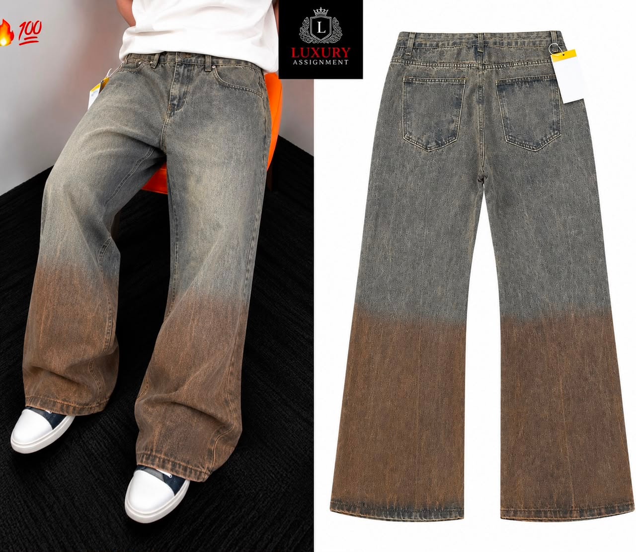 Baggy jeans in blue to brown ombre wash, model front view and flat back view.