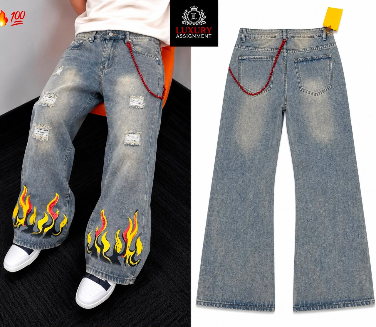 Light blue baggy jeans with flame prints on legs and red beaded chain, shown on model and flat back view.
