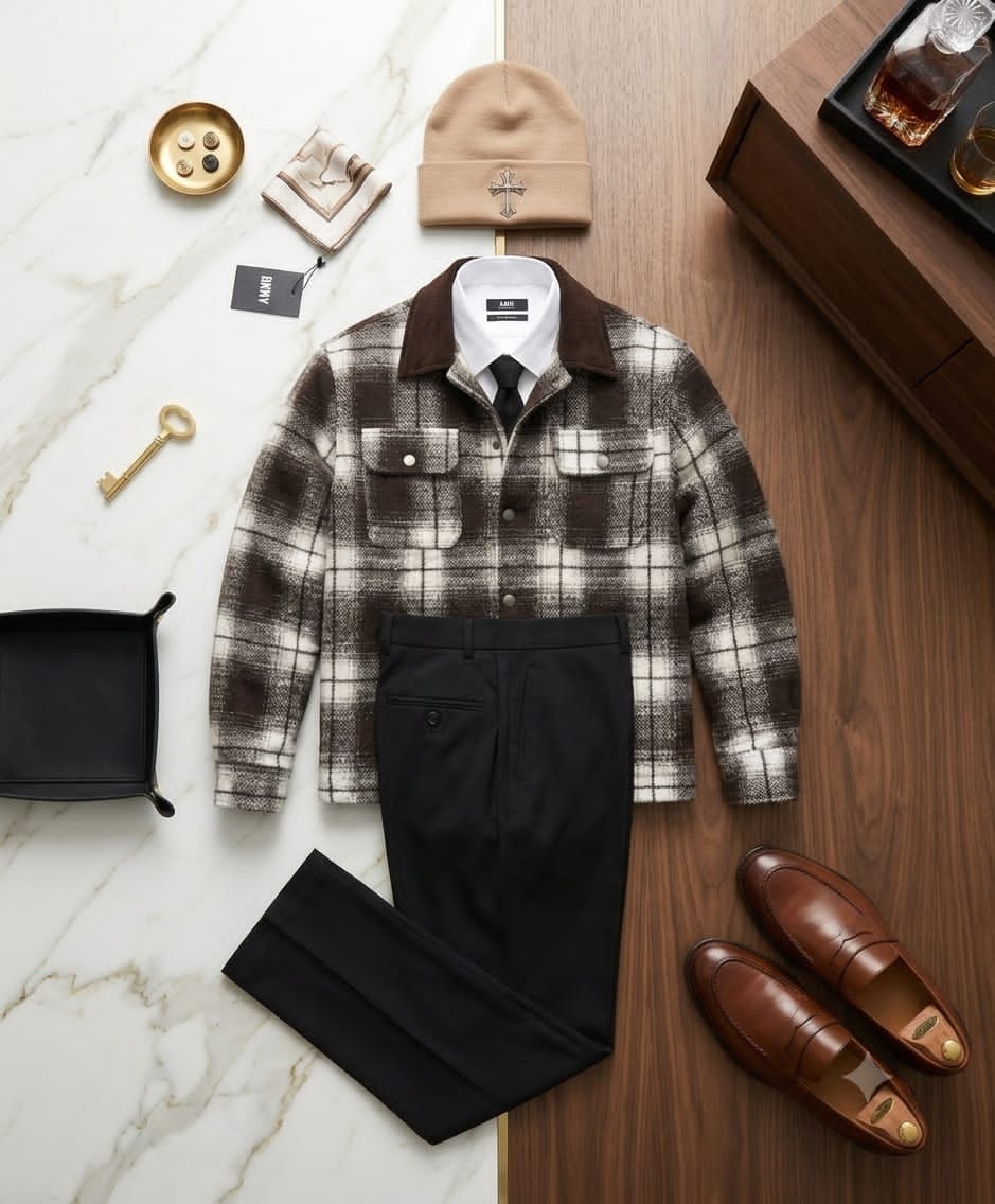 Plaid shacket, white shirt, black tie, black trousers, beige beanie and brown loafers on marble and wood background.