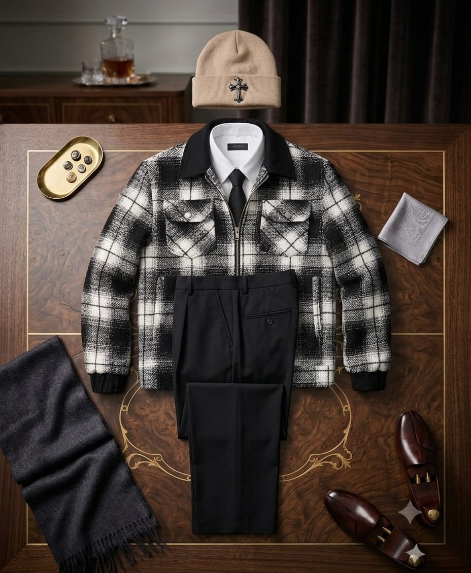 Plaid shacket with black collar, white shirt, black tie, black trousers, beige beanie, scarf and loafers on wooden table.