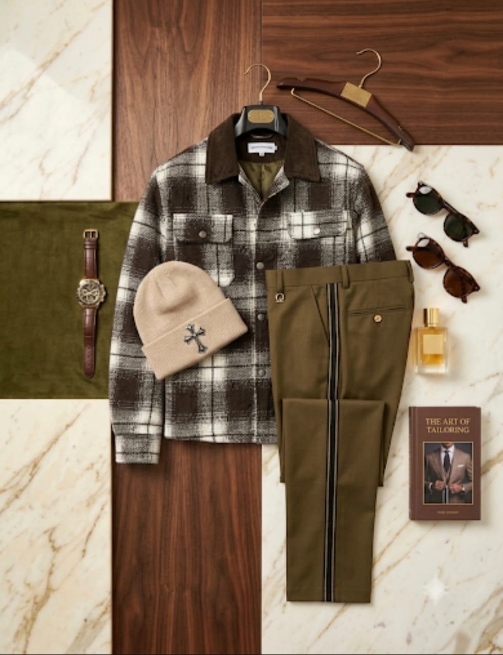 Plaid shacket with brown collar, olive trousers, beige cross-logo beanie and accessories on marble-wood surface.
