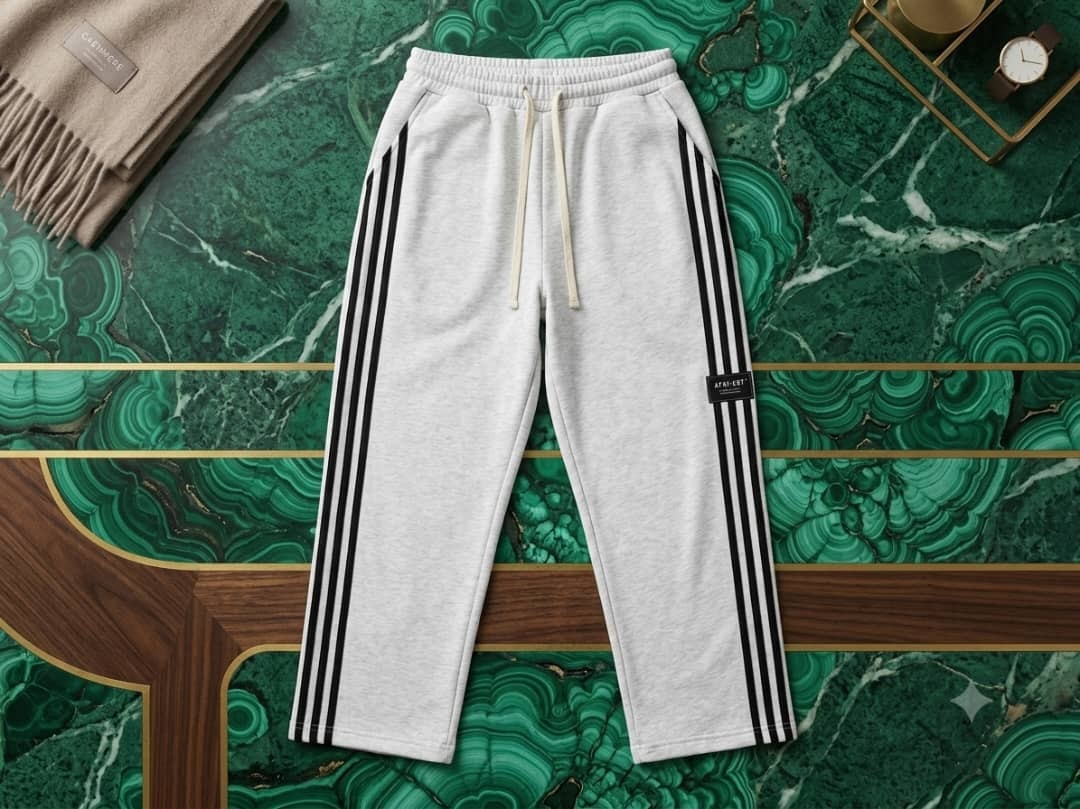 Light gray joggers with black side stripes on green marble background.