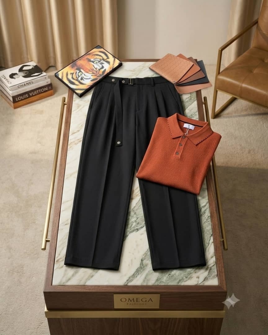 Orange ribbed polo and black pleated pants on marble display with Omega sign.