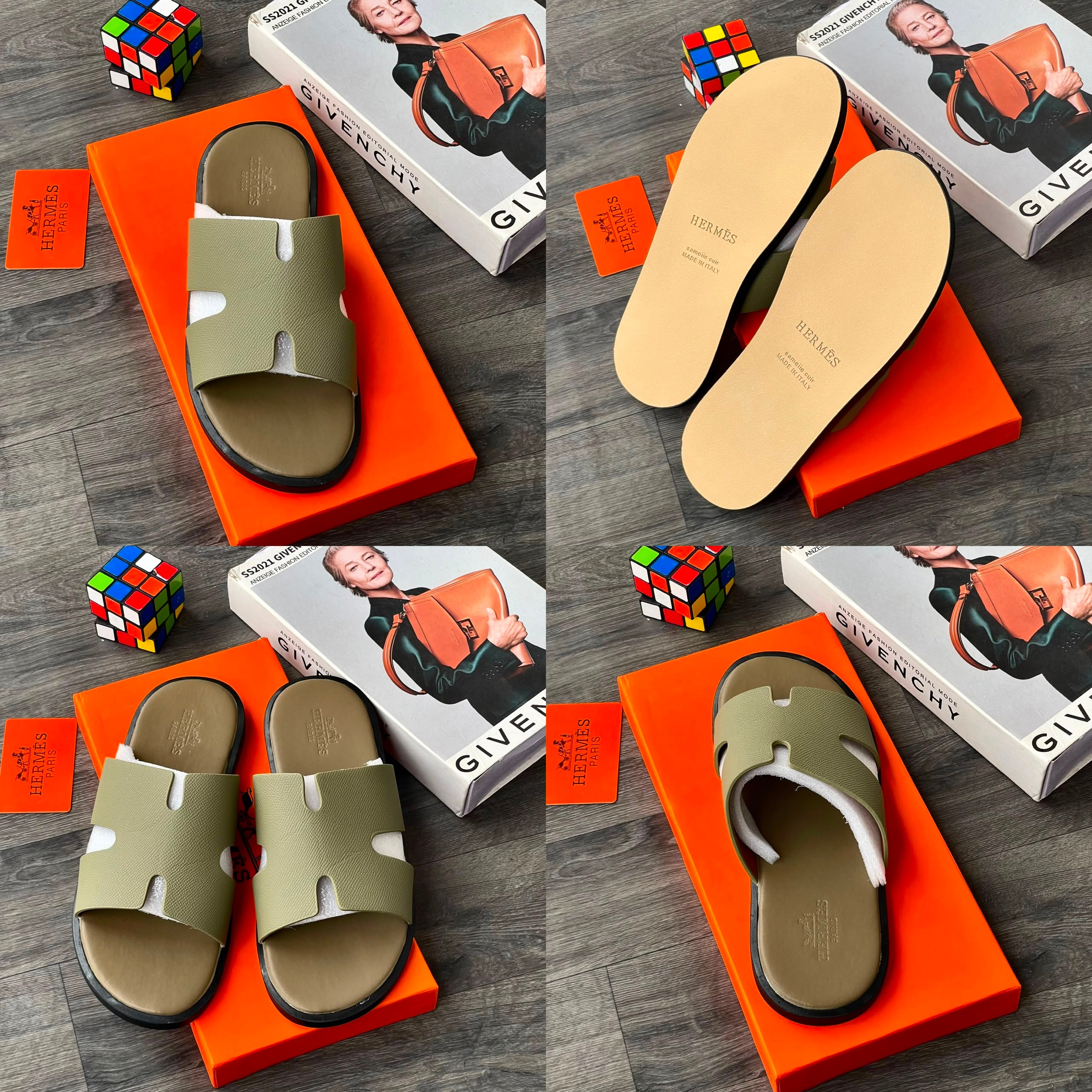 Olive Hermes H cutout slide sandals displayed in multiple angles with accessories.