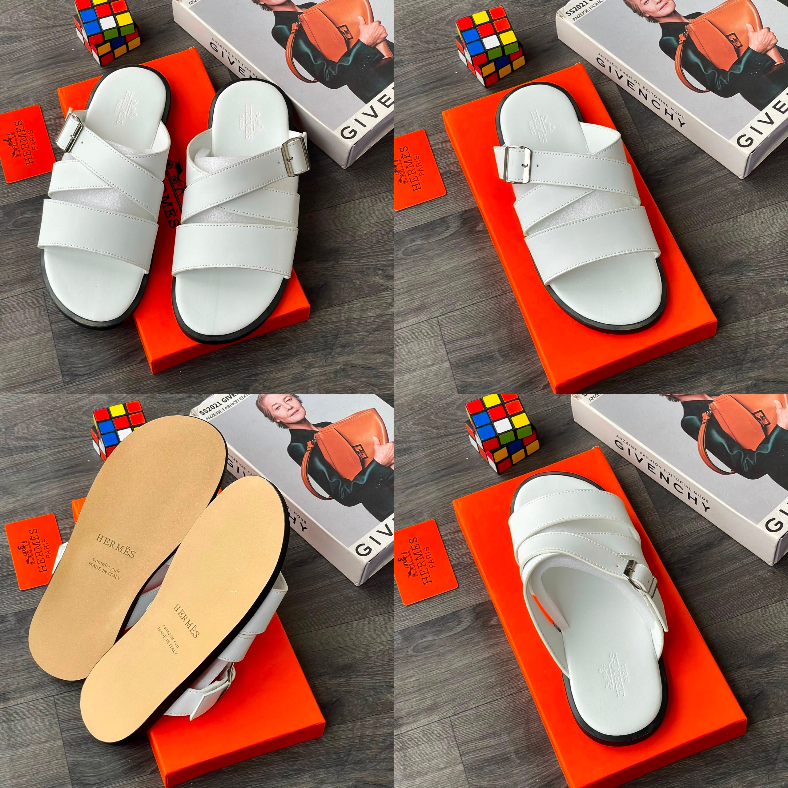 White Hermes multi-strap buckle slide sandals photographed from different perspectives.