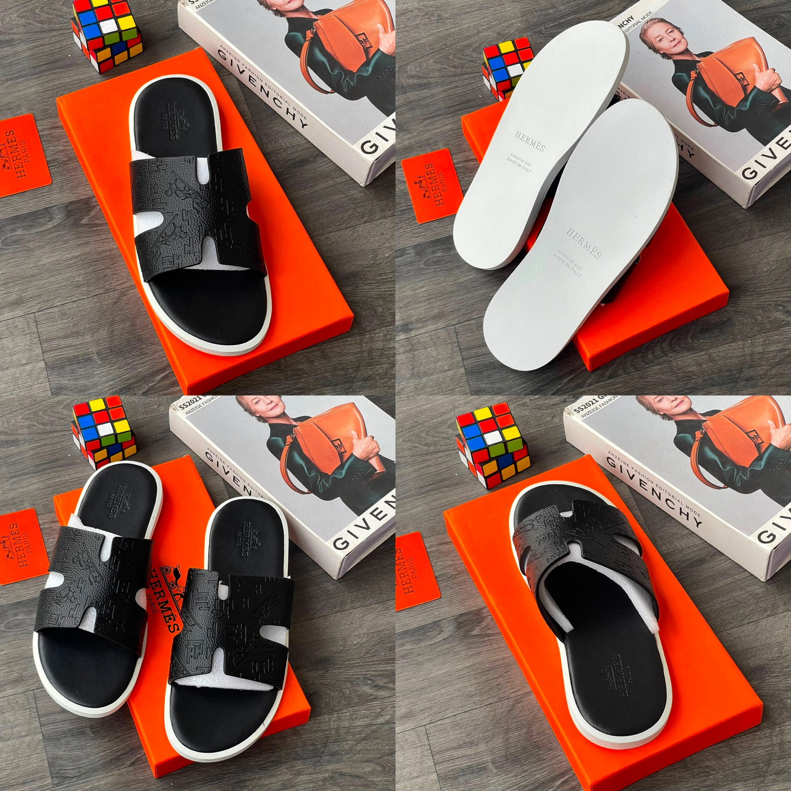 Black embossed Hermes slide sandals with H detail shown in collage views.