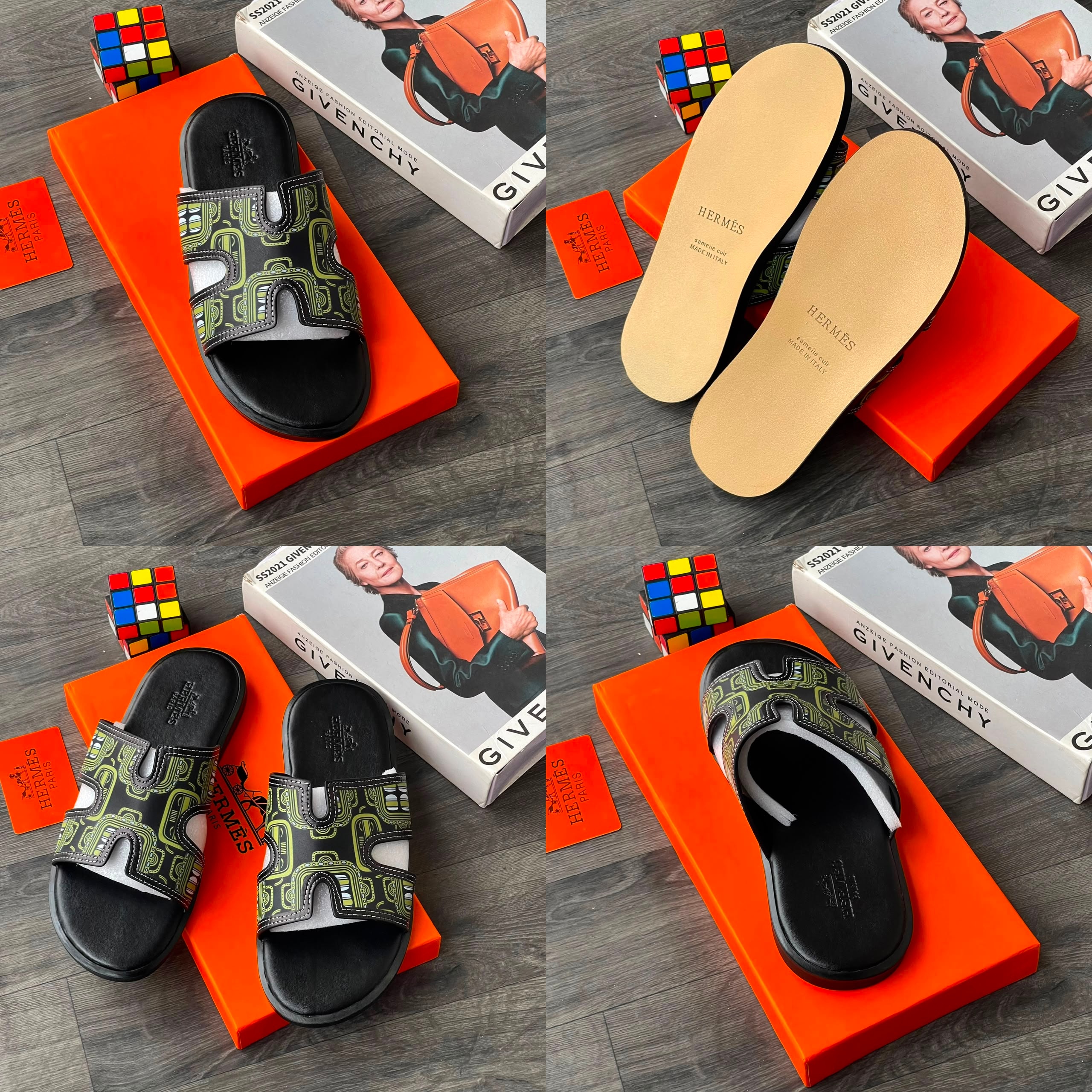 Black and green patterned Hermes H cutout slide sandals from all angles.