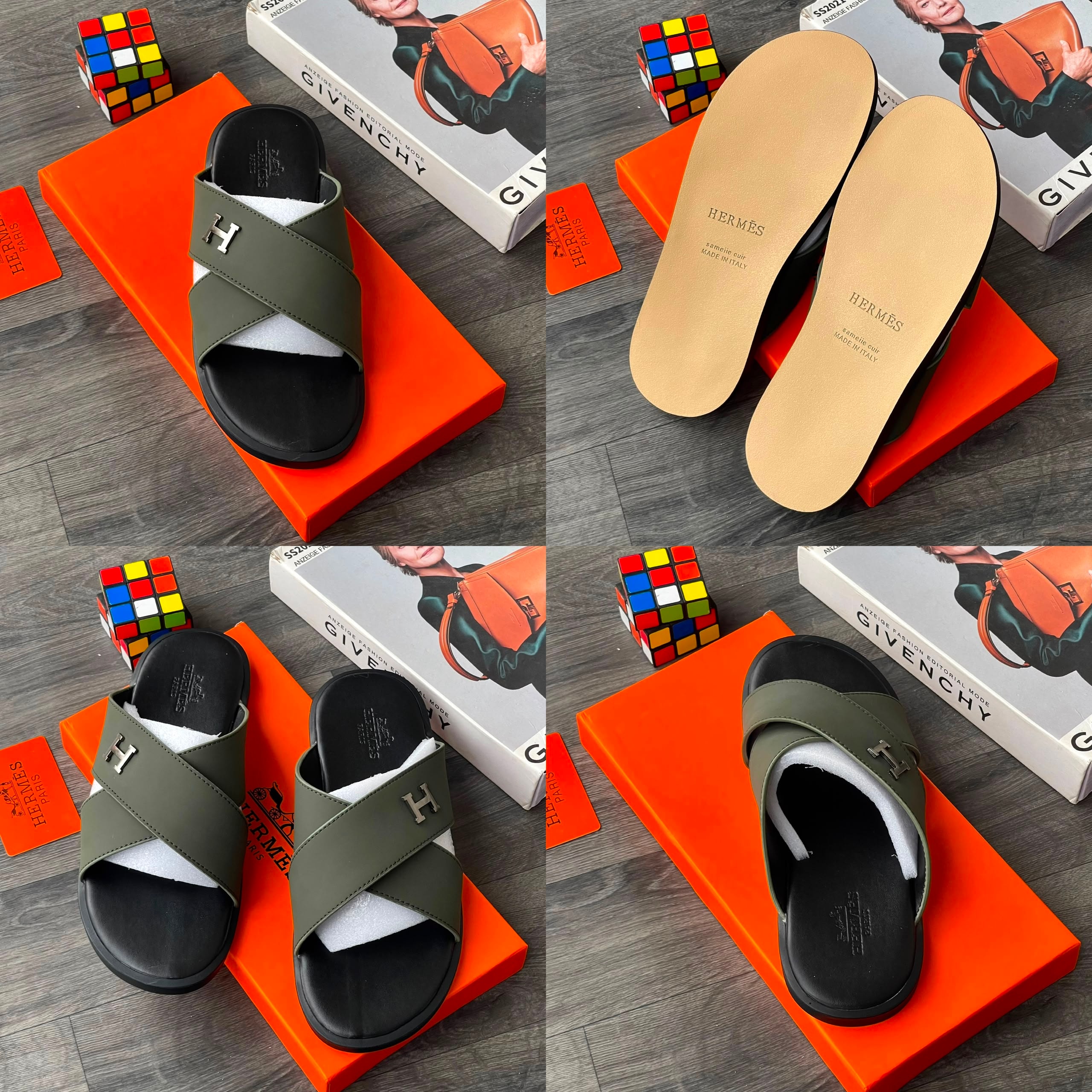 Olive green Hermes crisscross slide sandals with H logo in multiple views.