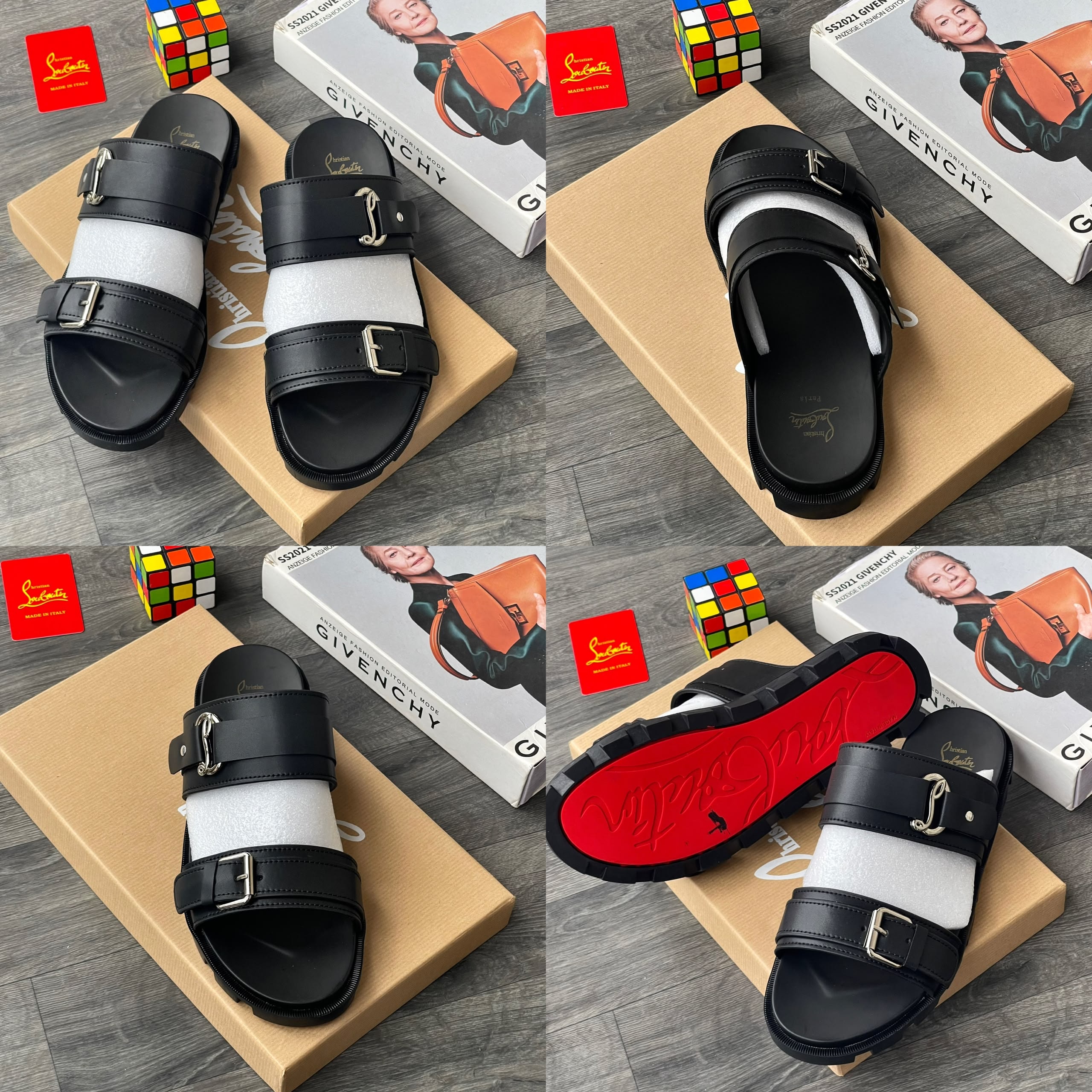 Black Christian Louboutin buckle slide sandals with red sole from various angles.