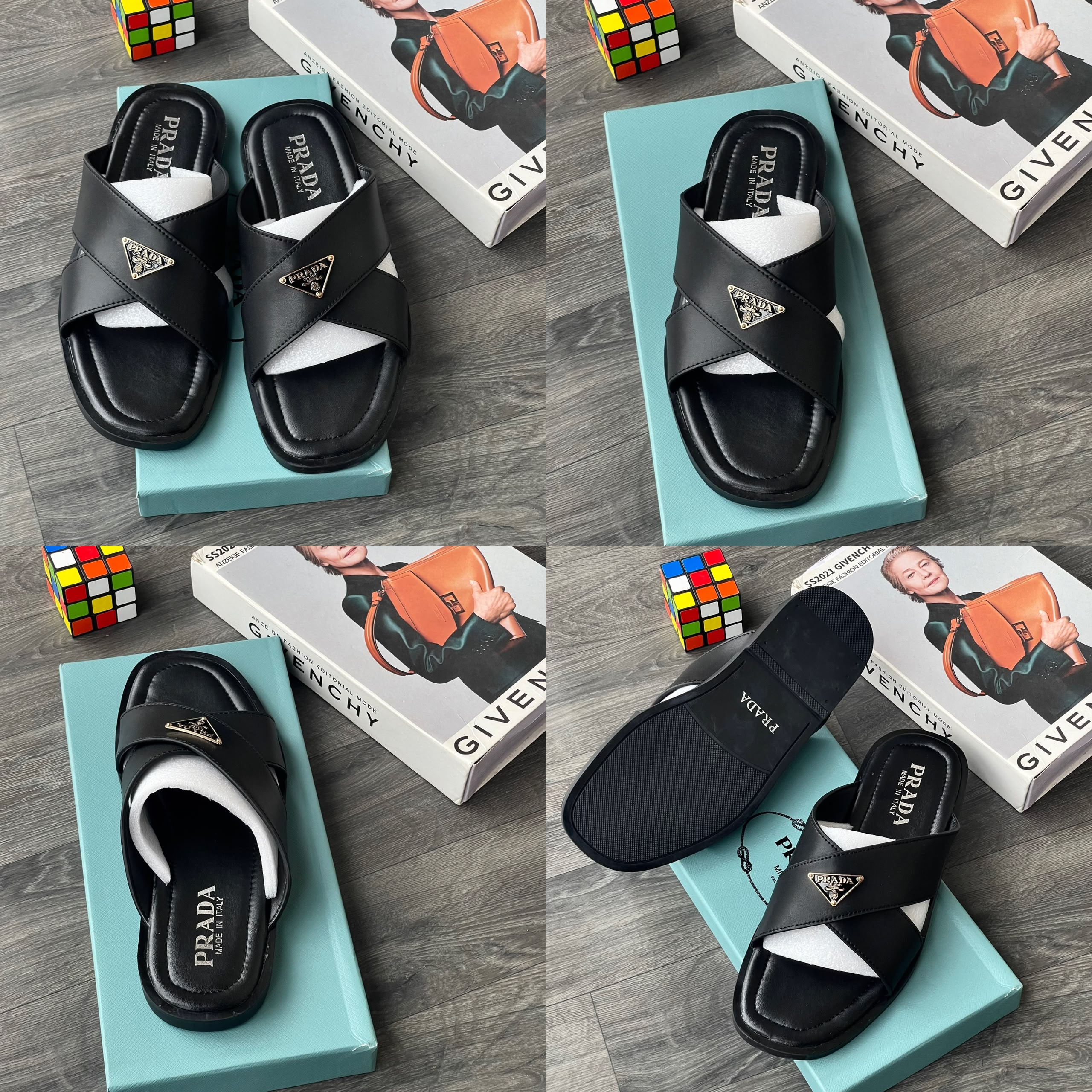 Black Prada crisscross slide sandals with triangle logo shown in multiple angles.