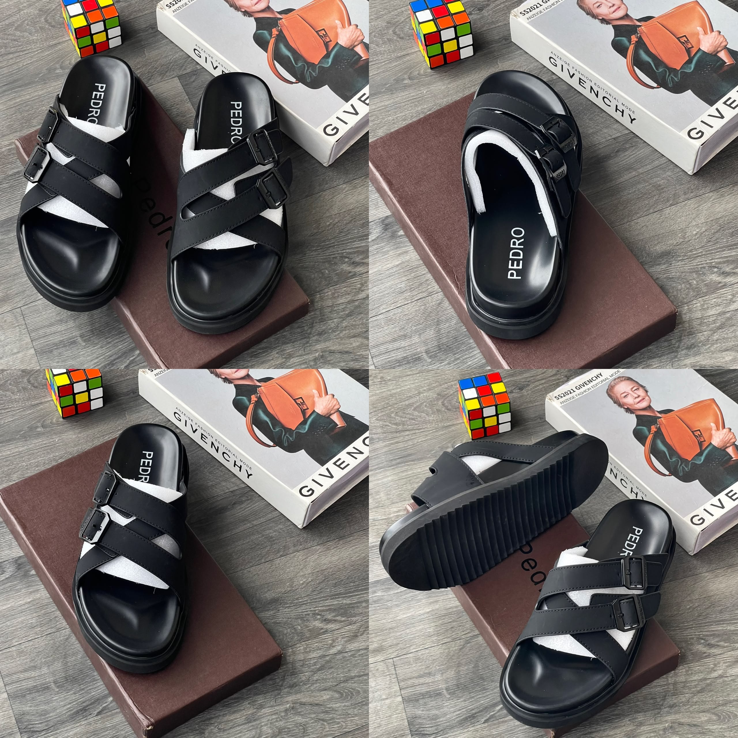 Black Pedro double buckle slide sandals photographed from several views.