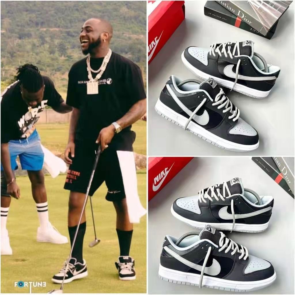 Black and grey Nike Dunk Low sneakers displayed with lifestyle golf scene and product shots.