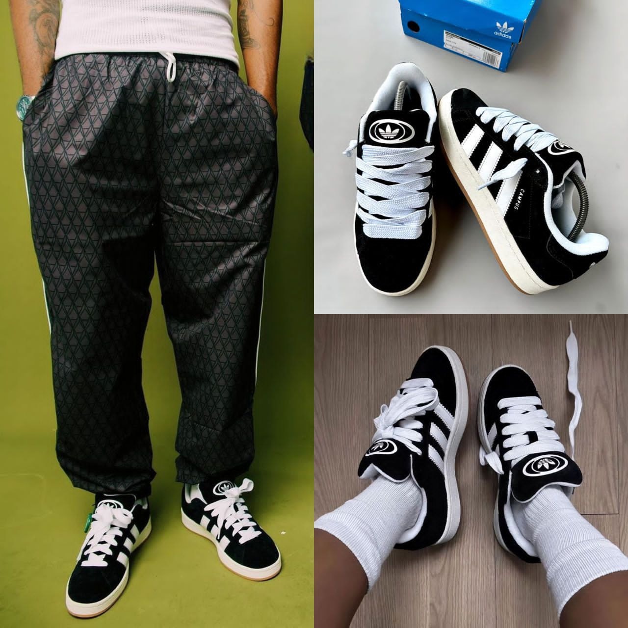 Adidas Campus 00s black sneakers in multiple lifestyle and product shots with blue Adidas box.