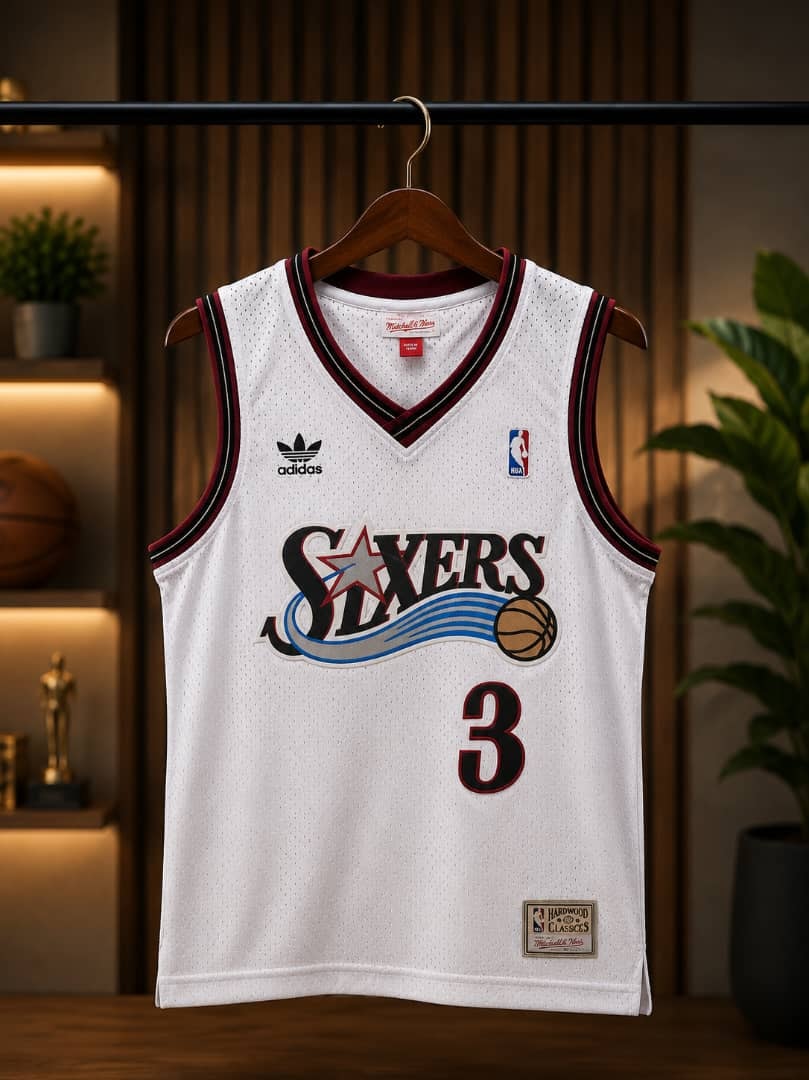 White sleeveless basketball jersey with Sixers graphic, number 3, Adidas and NBA logos.