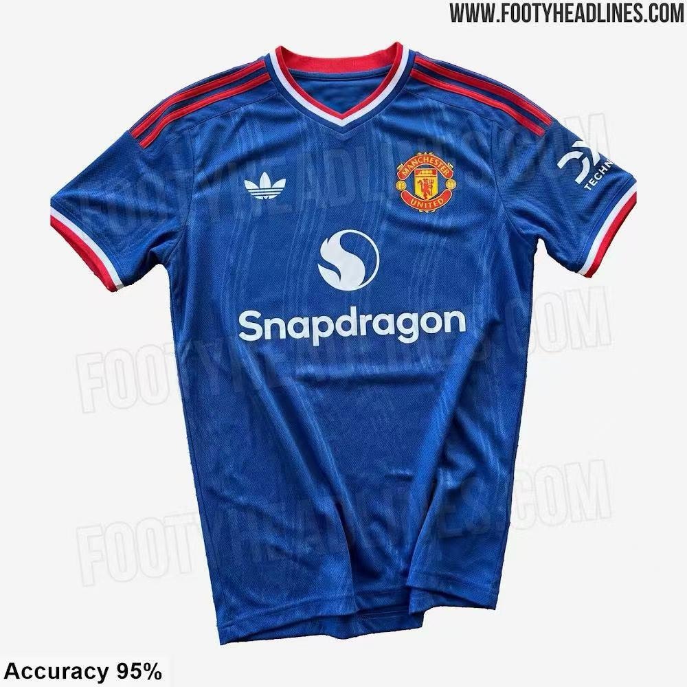 Blue Manchester United adidas jersey with red trim and sponsor logos on white background.