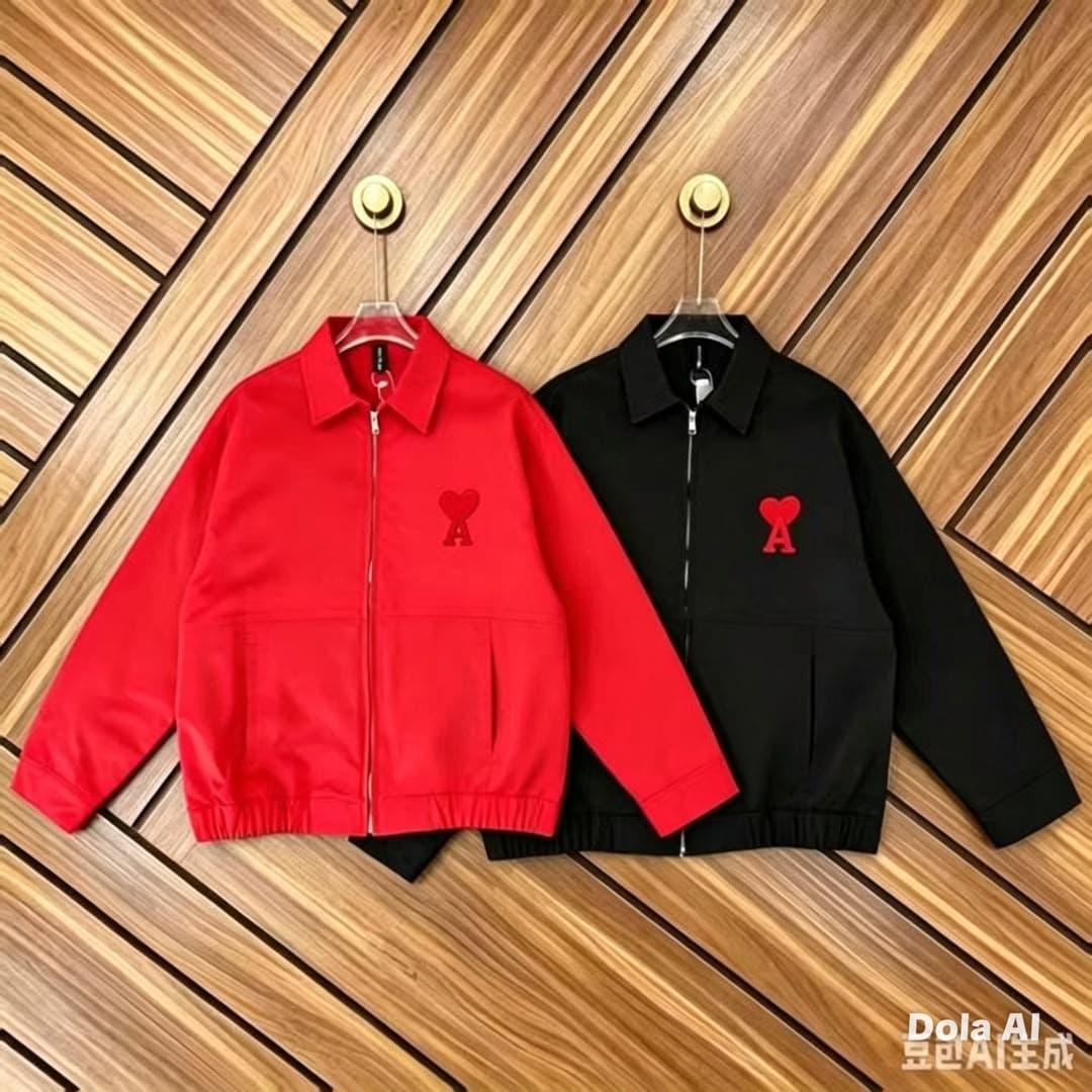 Red and black AMI heart logo jackets displayed hanging on wooden background.