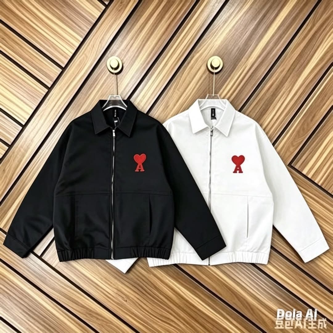 Black and white AMI zip-up jackets hanging side by side on wooden wall.