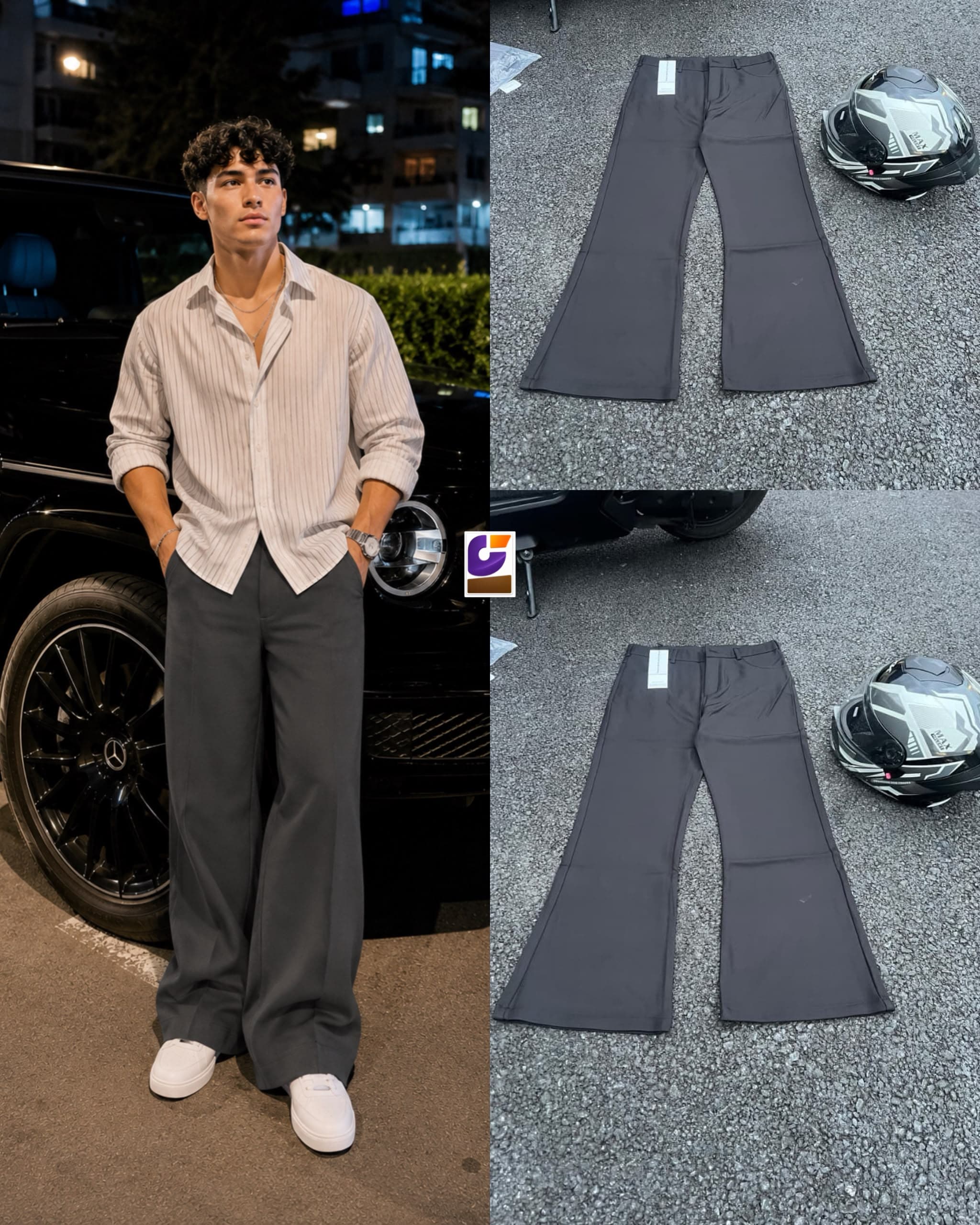 Model wearing gray wide-leg flared trousers with striped shirt, plus flat lay views on pavement with helmet.